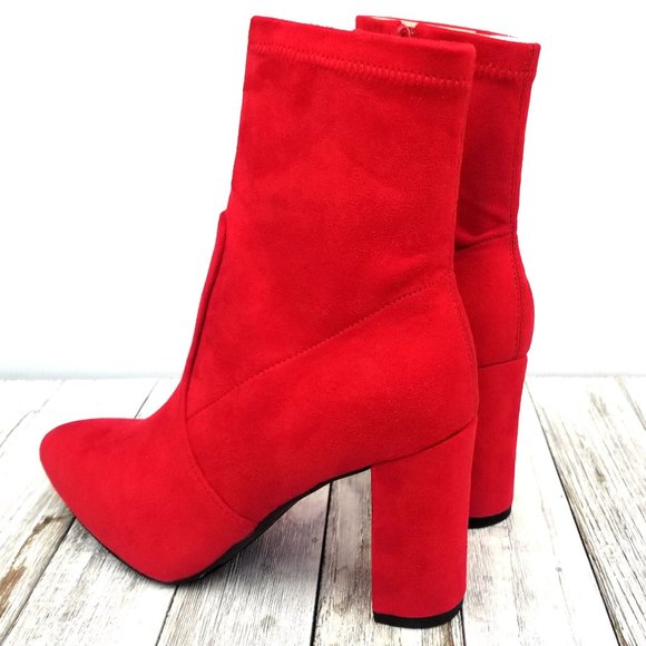 New Red Stretch Chunky Heel Ankle Boot Sock Bootie - Picture 4 of 5